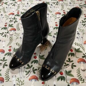 Salvatore Ferragamo Black Leather Ankle Boots with Gold Accents